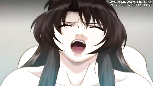 Anime step-mom with long dark hair in intense ecstasy closeup