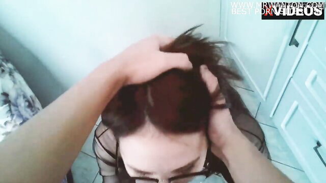 POV hands squeezing brunette Asian girl's hair and small tits in lingerie