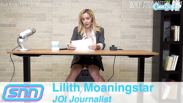 Blonde Lilith Moaningstar rides Sybian under desk as JOL journalist on cam