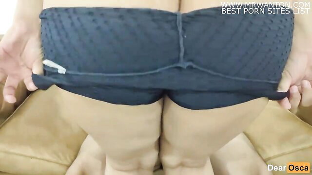 StepMom pulls down sheer black panties exposing big Asian ass closeup