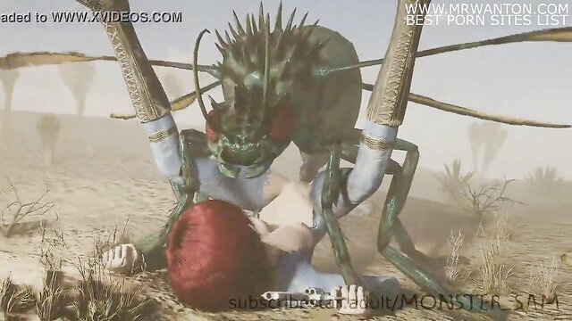 Redhead woman ravaged by giant green mantis monster in desert by Monster Sam