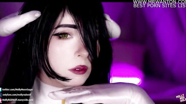 MollyRedWolf as sexy Albedo with horns, glossy lips, purple lighting