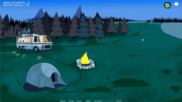 Omnitrix Episode 3 camping scene with RV, tent, campfire in woods