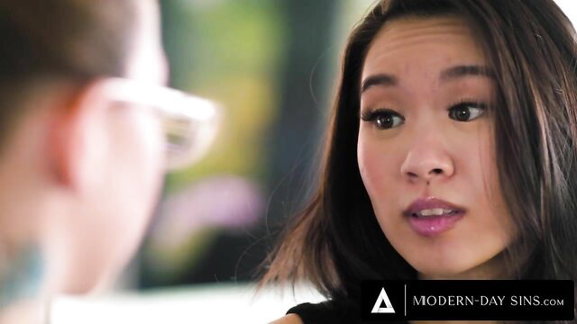 Kimmy Kimm flirts with Alexis Tae in Modern-Day Sins lesbian cam girl scene