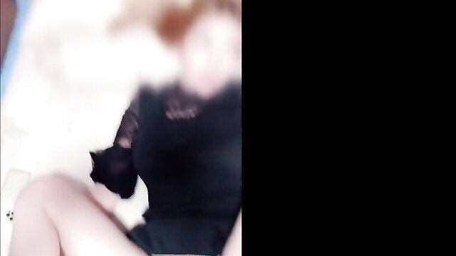 Blonde in black lace lingerie teases with cat and thigh tattoo