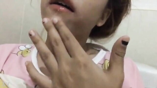 Asian teen in pink PJ top closeup handjob tease lips open amateur