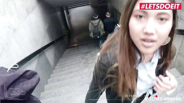 May Thai in sexy leather jacket on stairs, Asian teen tourist abroad