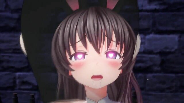 Purple-eyed bunny girl with long black hair drooling aroused closeup