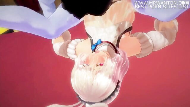 Rabbit Moe gangbang 3D hentai, white-haired anime girl upside down double penetration