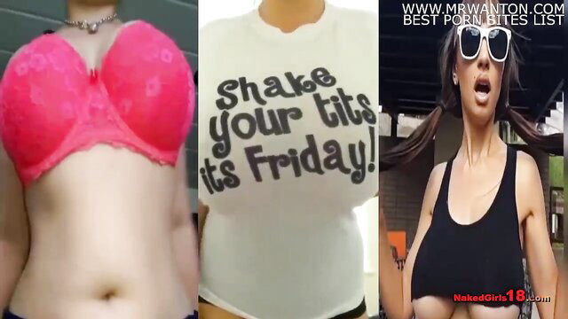 3 Asian girls shake huge tits in lingerie & tank tops, big boobs bounce