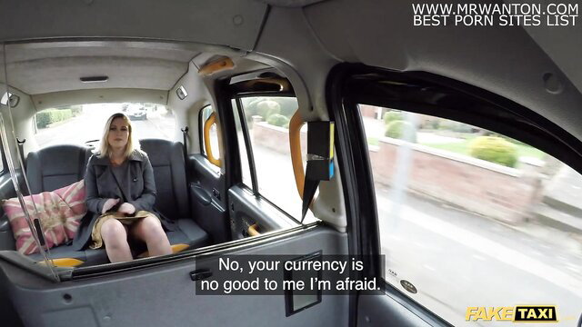 Blonde in Fake Taxi skirt up, no panties, legs spread wide