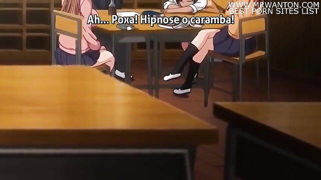 Two cute anime schoolgirls in uniforms at table, hentai ep 1 PT