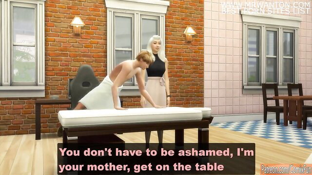 Blonde MILF mom tells nude son to get on table for erotic massage
