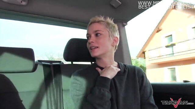 Short-haired blonde in hoodie taken in Takevan for countryside fuck