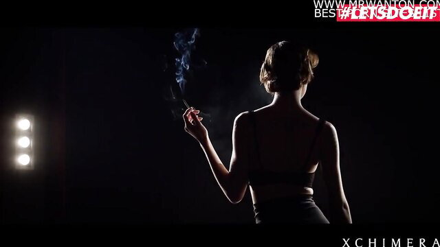 Belle Claire big tits redhead smoking silhouette in lingerie