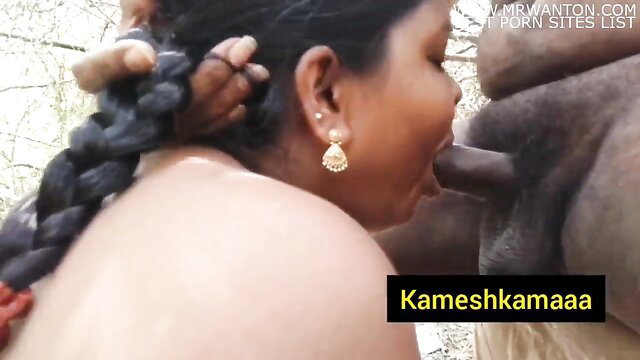 Tamil girl with braids gives messy outdoor blowjob closeup