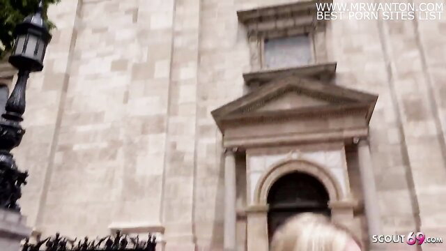 Angie bent over outside church in GERMAN SCOUT street casting pickup