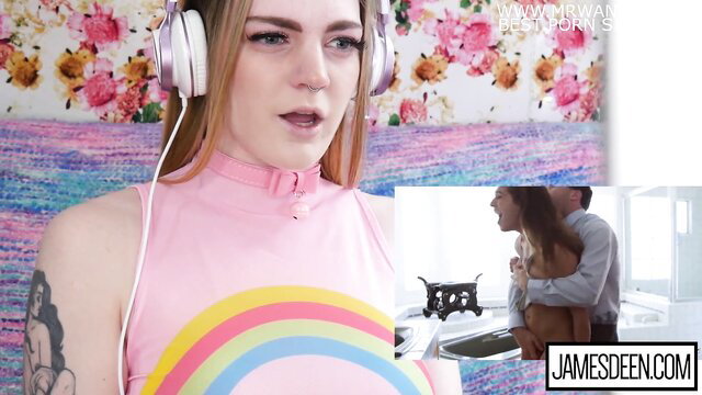 Carly Rae Summers in pink dress reacts to James Deen fucking Sara Luvv