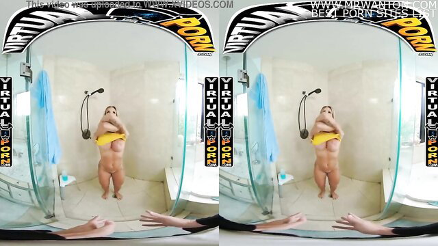 Robbin Banx busty blonde MILF in yellow towel shower seduction