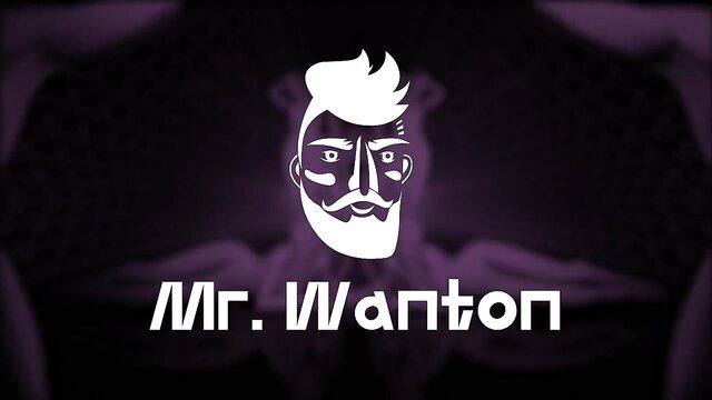 Mr. Wanton logo on purple neon background - adult video studio branding