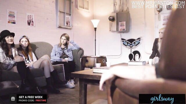 Kristen Scott with hot girls on couch in Girlsway lesbian tease