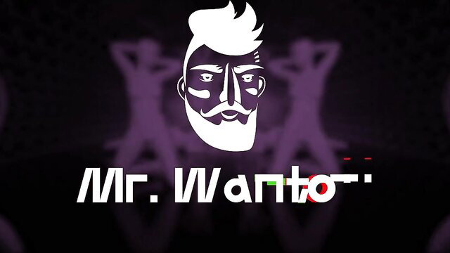 Mr. Wanto logo with bearded man and sexy purple silhouette dancers