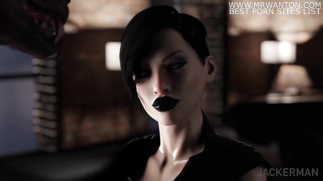 Gothic vampire babe with black hair in dark seductive pose