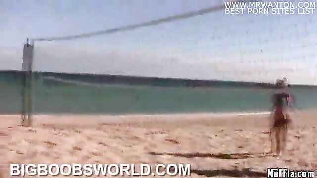Busty bikini babes play volleyball in wild beach lesbian orgy