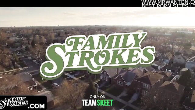 Family Strokes logo over suburban neighborhood aerial view