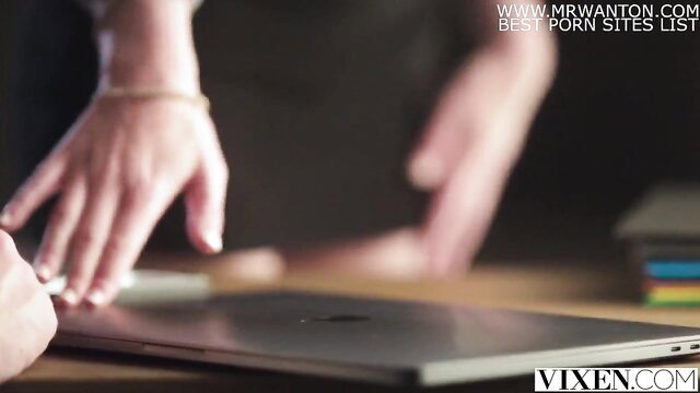 Pretty blonde in office helping boss on laptop, Vixen