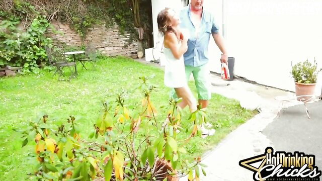 Candy the Maid in white dress teases older man outdoors promo
