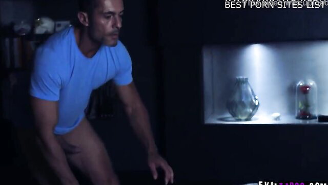 Mona Blue flirts with horny dad in tight tee, nude below, bedroom tease