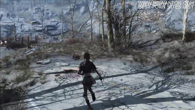 Fallout 4 tribal warrior woman running in snowy wasteland, sexy cosplay