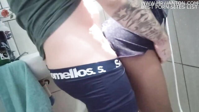 Tattooed Brazilian guy caught jacking off in bathroom, Tropicalbrazil amateur