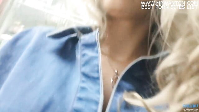 Isabellamout flashing neckline in blue denim jacket, public risky tease