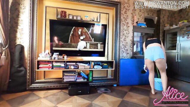 Asian wife Alice bends over in shorts after cleaning, hot POV sex