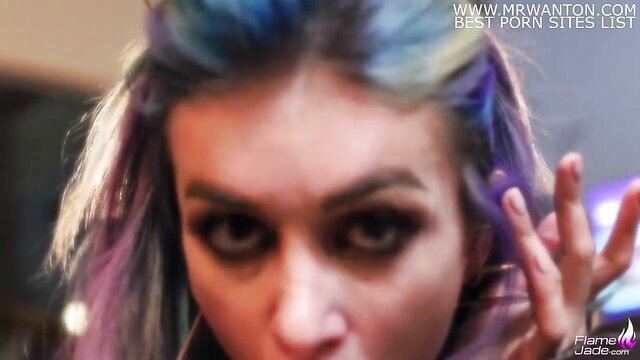 Flame Jade punk rock girl closeup tease blue purple hair