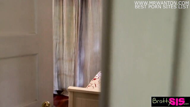 Jane Wilde stepsis in sheer curtains door frame Bratty Sis