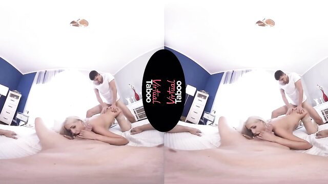 Virtual Taboo blonde babe spread wide on bed for unexpected taboo fuck