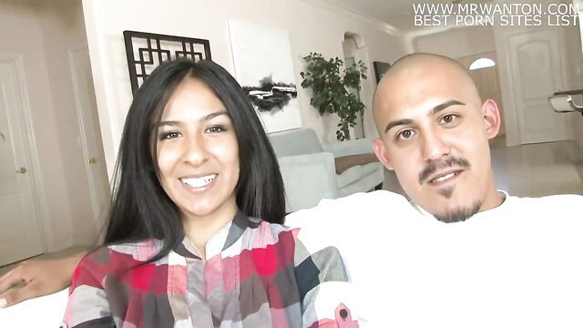 Horny smiling Latina amateur with shaved head man on couch