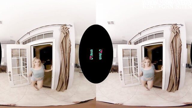 Katie Kush kneels topless at door in VRHush VR porn