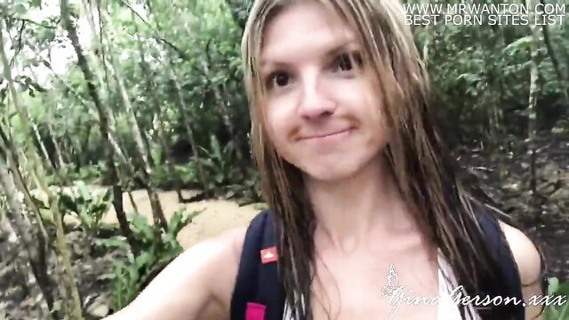 Gina Gerson wet blonde in jungle vacation selfie, sexy outdoor tease