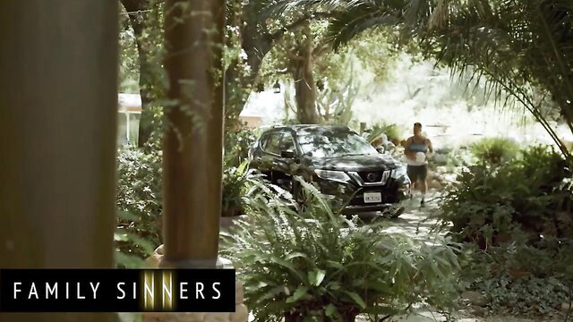 Kit Mercer watches stepson Van Wylde jog by black Nissan SUV - Family Sinners