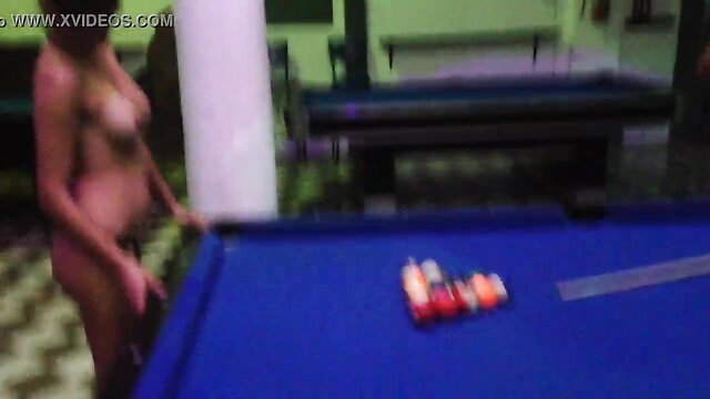 Nude Latina women playing pool naked in public fun