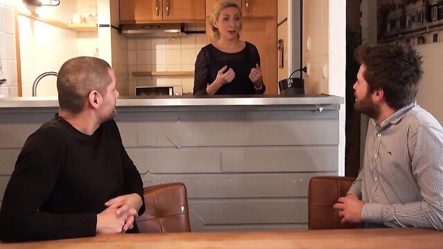 Julie Holly blonde MILF in kitchen with 2 guys, anal threesome tease