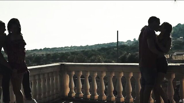 Silhouette of Czech babe Anastazia kissing on balcony, loves doggy