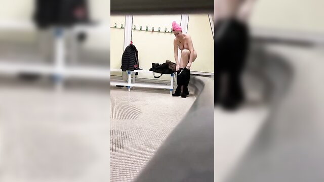 Mature voyeur nude in changing room hairy big boobs pink hat boots