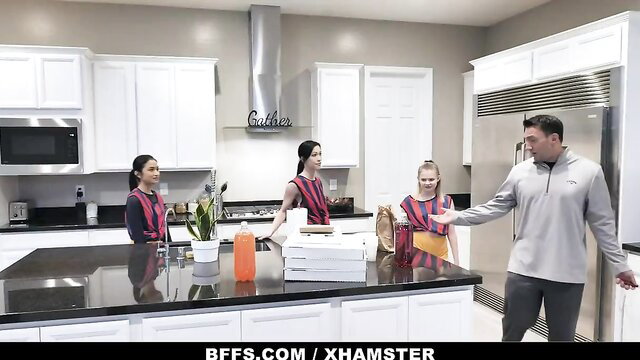 Soccer cuties in uniforms suck off older coach BFFs