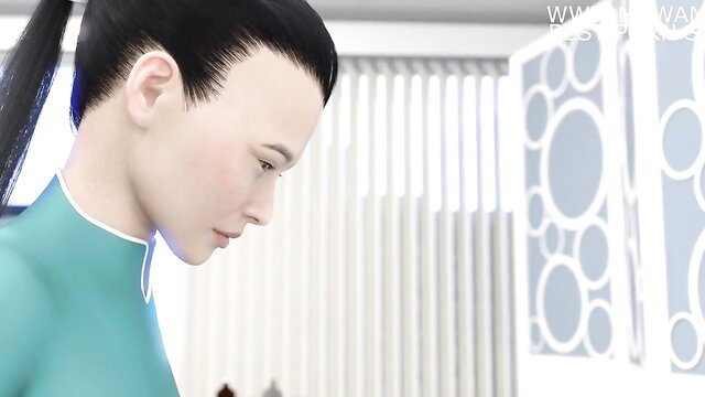 Asian beauty in shiny green latex qipao, side profile tease