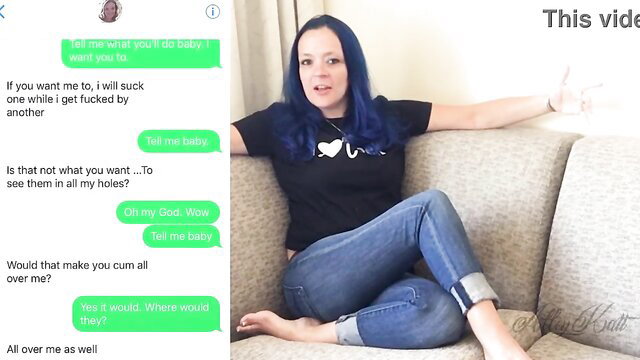 AlleyKatt blue-haired hotwife teases in tight tee and jeans on couch